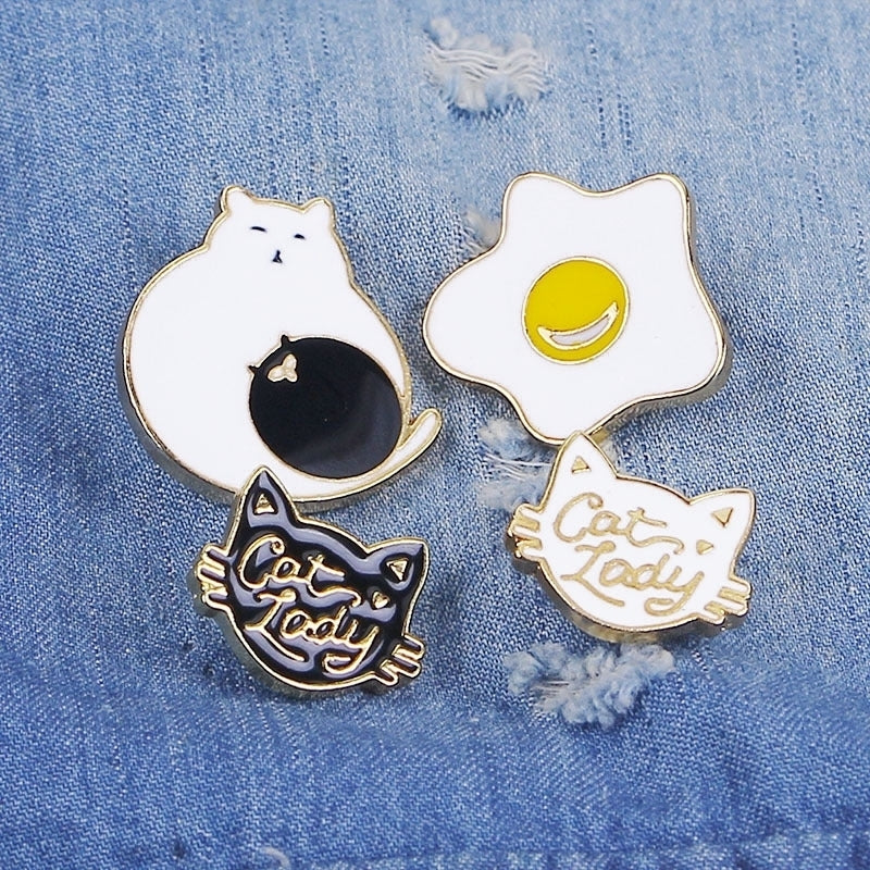 Creative Cartoon Cat Egg Shape Badge Women Clothes Enamel Letter Brooch Pin Image 1