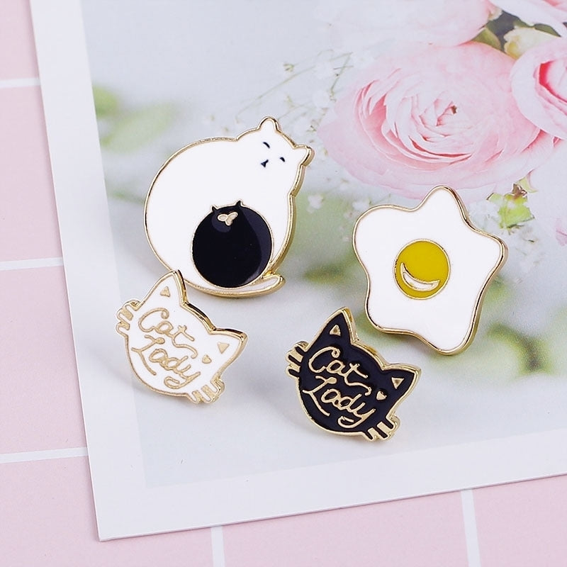 Creative Cartoon Cat Egg Shape Badge Women Clothes Enamel Letter Brooch Pin Image 2