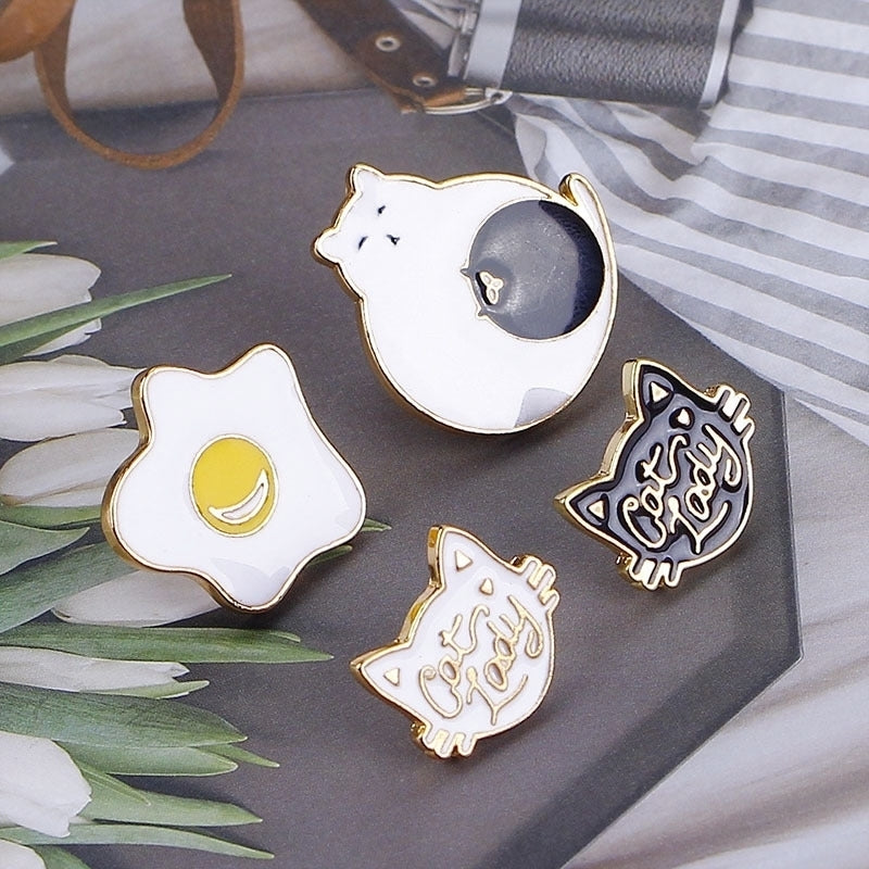 Creative Cartoon Cat Egg Shape Badge Women Clothes Enamel Letter Brooch Pin Image 4
