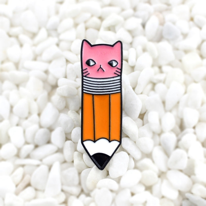 Cute Pencil with Cat Face Eraser Metal Enamel Brooch Pin Denim Backpack Badge Image 1