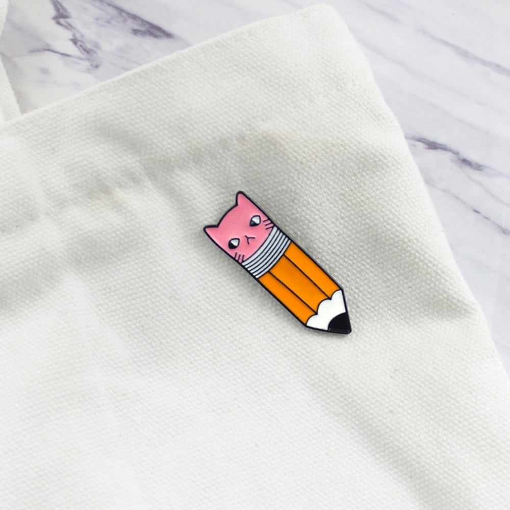 Cute Pencil with Cat Face Eraser Metal Enamel Brooch Pin Denim Backpack Badge Image 2