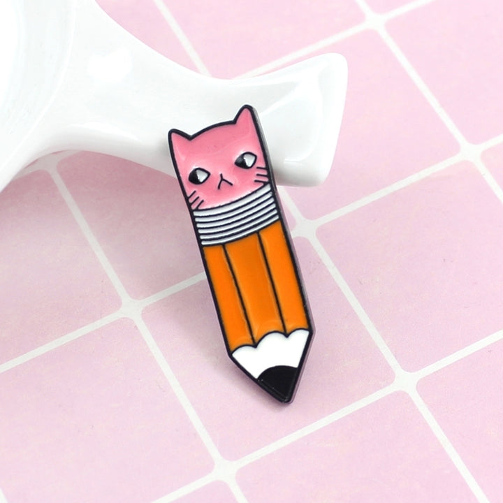 Cute Pencil with Cat Face Eraser Metal Enamel Brooch Pin Denim Backpack Badge Image 4