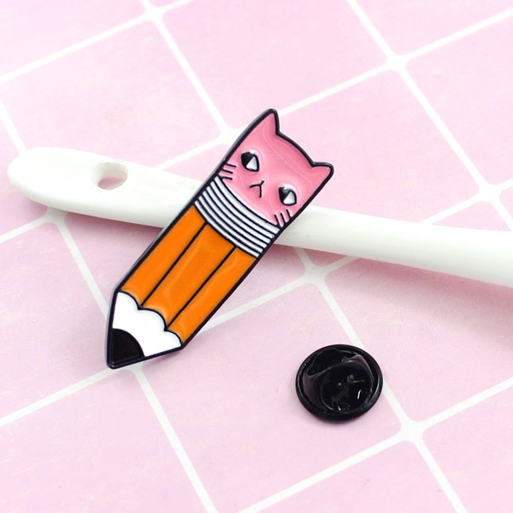 Cute Pencil with Cat Face Eraser Metal Enamel Brooch Pin Denim Backpack Badge Image 4