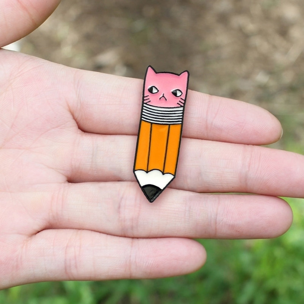 Cute Pencil with Cat Face Eraser Metal Enamel Brooch Pin Denim Backpack Badge Image 9