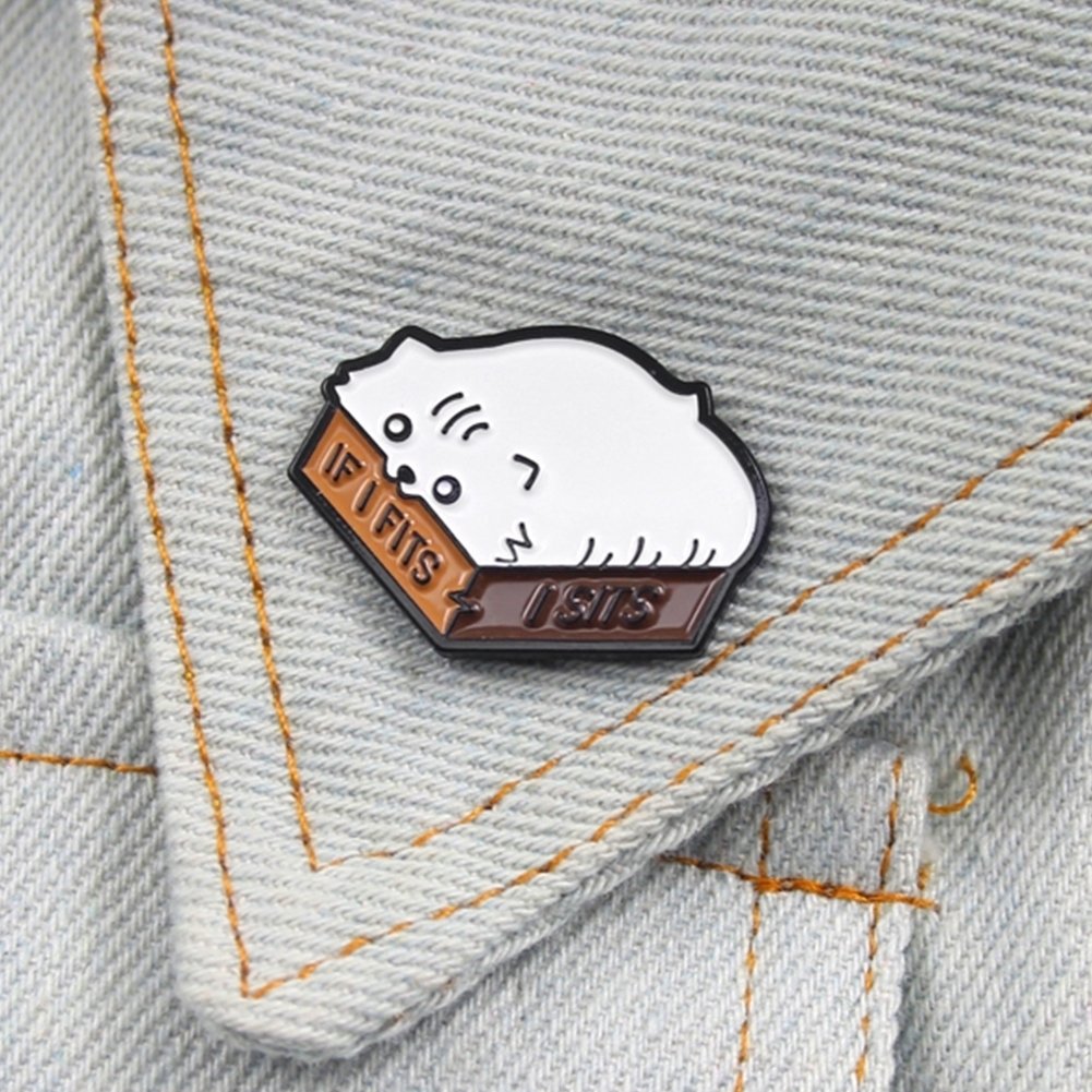 Cartoon Cat Enamel English Letter If I Fits I Sits Brooch Pin Collar Badge Decor Image 1