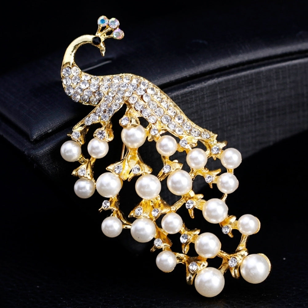 Peacock Shape Rhinestone Faux Pearl Inlaid Women Brooch Pin Scarf Jeans Jewelry Image 2