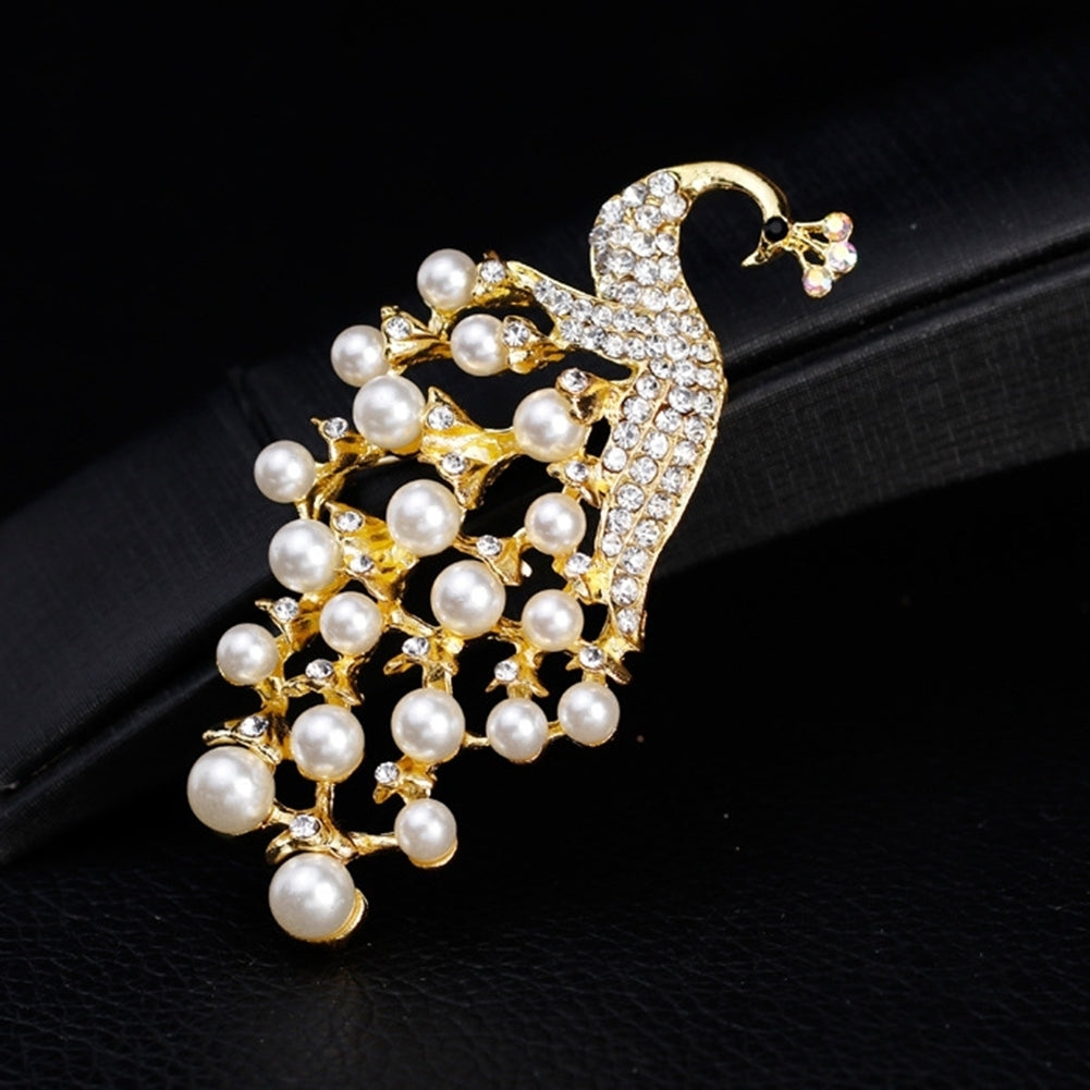 Peacock Shape Rhinestone Faux Pearl Inlaid Women Brooch Pin Scarf Jeans Jewelry Image 3