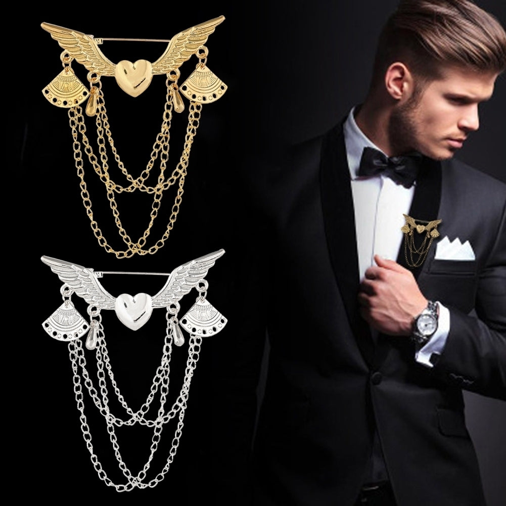 Retro Angel Wing Heart Shirt Suit Collar Tip Lapel Brooch Pin with Chain Tassel Image 1