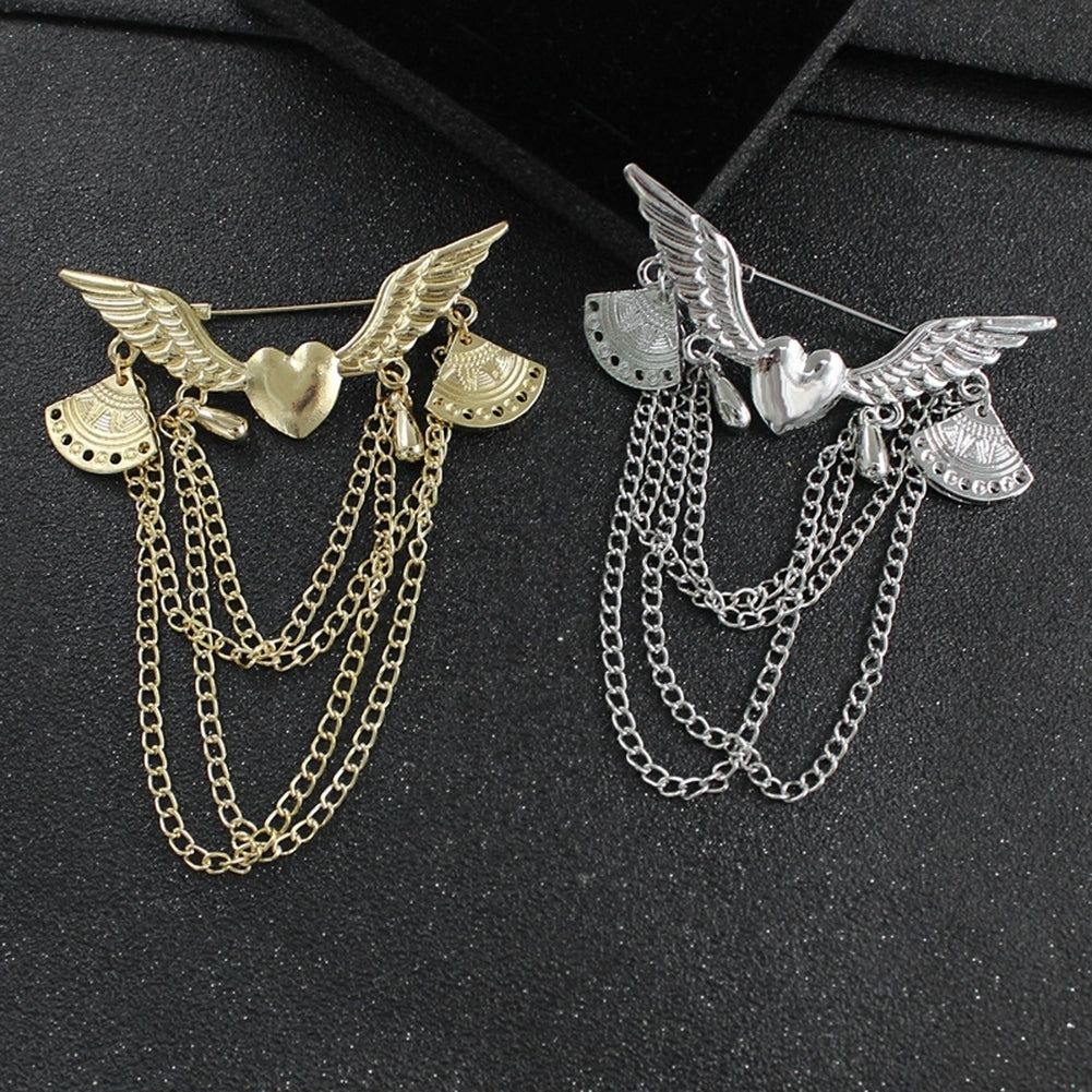 Retro Angel Wing Heart Shirt Suit Collar Tip Lapel Brooch Pin with Chain Tassel Image 4