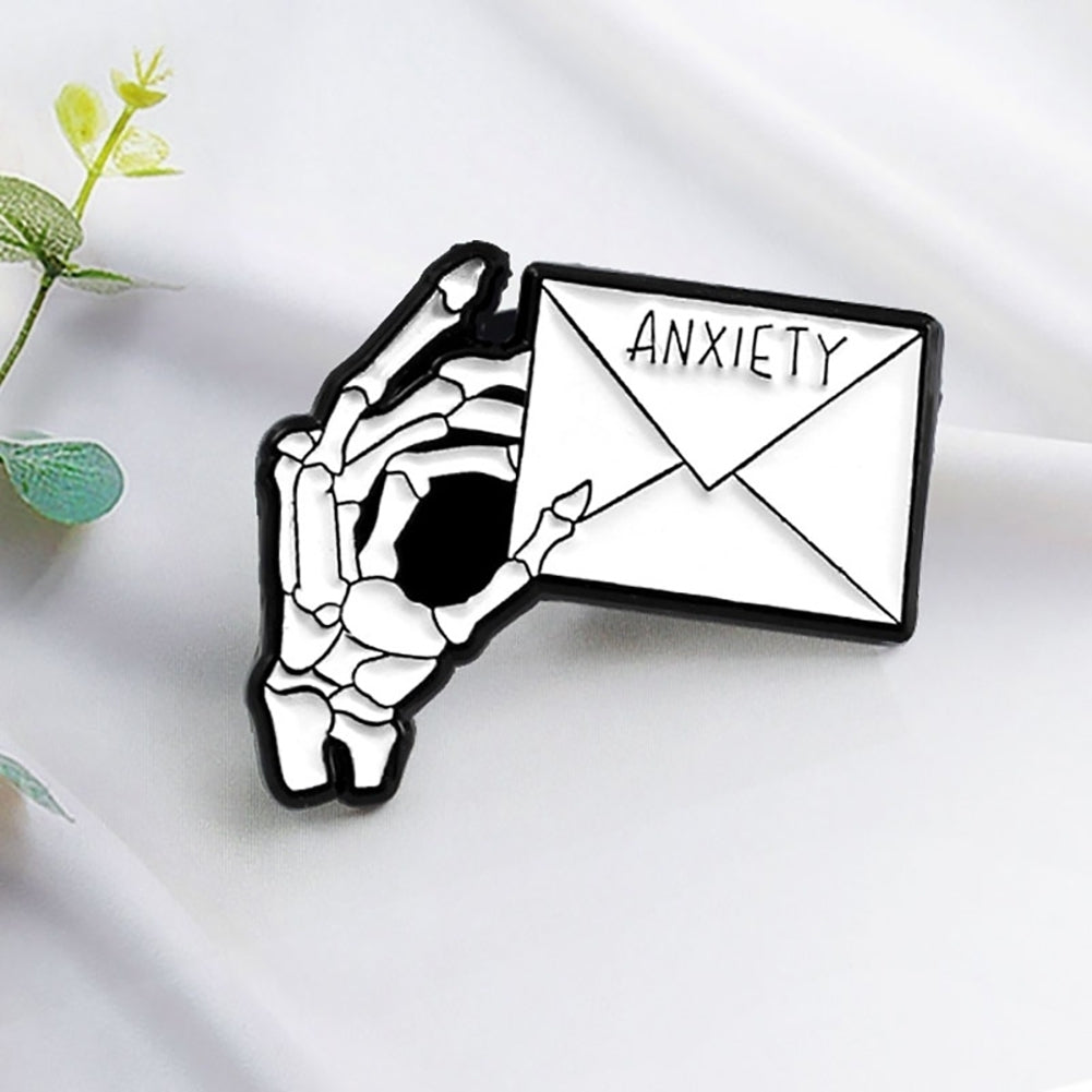 ANXIETY Letter Skeleton Hand Enamel Brooch Pin Men Women Jeans Jacket Jewelry Image 1