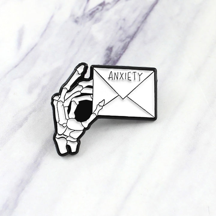 ANXIETY Letter Skeleton Hand Enamel Brooch Pin Men Women Jeans Jacket Jewelry Image 2