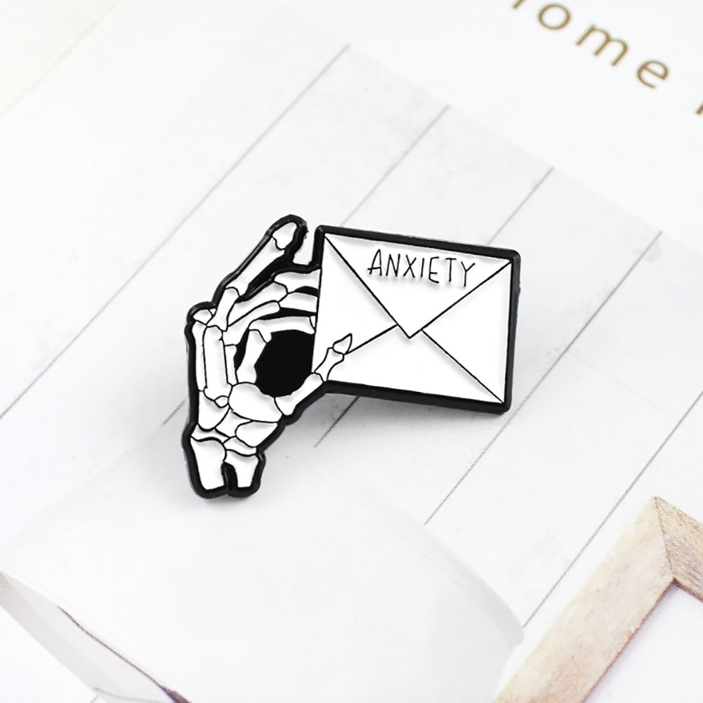 ANXIETY Letter Skeleton Hand Enamel Brooch Pin Men Women Jeans Jacket Jewelry Image 4