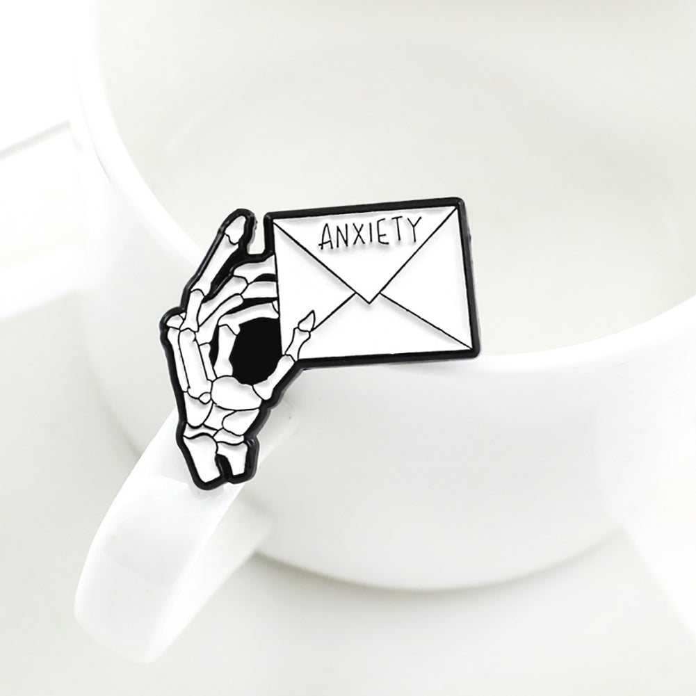 ANXIETY Letter Skeleton Hand Enamel Brooch Pin Men Women Jeans Jacket Jewelry Image 8