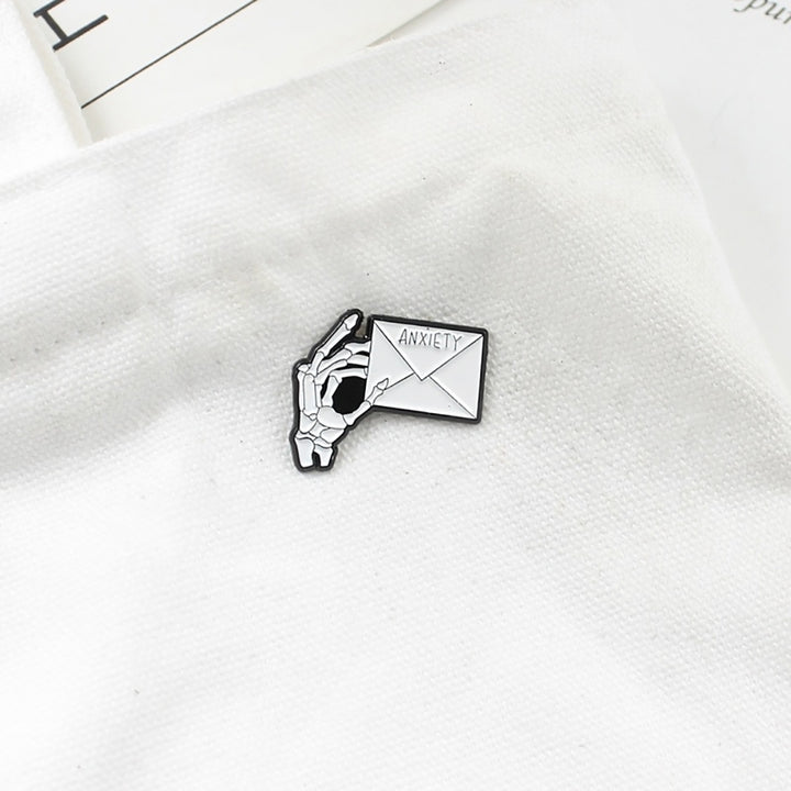 ANXIETY Letter Skeleton Hand Enamel Brooch Pin Men Women Jeans Jacket Jewelry Image 9