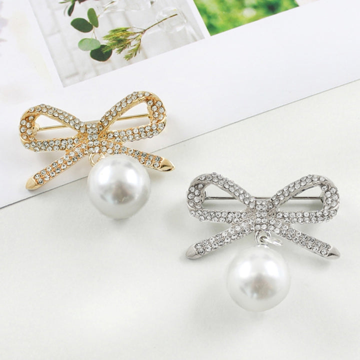 Brooch Pin Bowknot Shape Faux Pearl Dangle Exquisite Jewelry Accessory Rhinestones Inlaid Collar Badge for Backpack Image 2