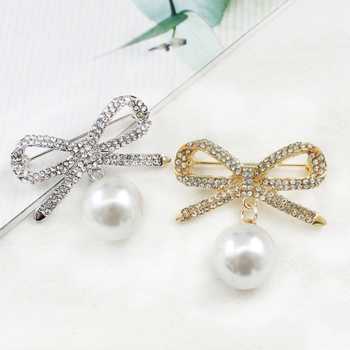 Brooch Pin Bowknot Shape Faux Pearl Dangle Exquisite Jewelry Accessory Rhinestones Inlaid Collar Badge for Backpack Image 3