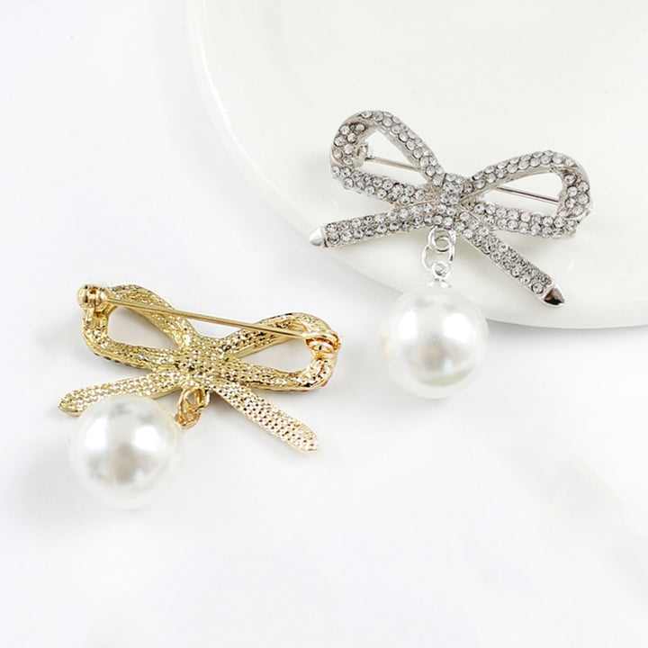 Brooch Pin Bowknot Shape Faux Pearl Dangle Exquisite Jewelry Accessory Rhinestones Inlaid Collar Badge for Backpack Image 4