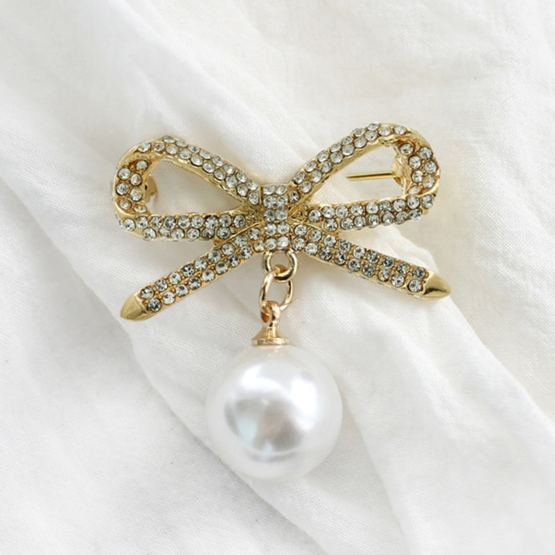 Brooch Pin Bowknot Shape Faux Pearl Dangle Exquisite Jewelry Accessory Rhinestones Inlaid Collar Badge for Backpack Image 6