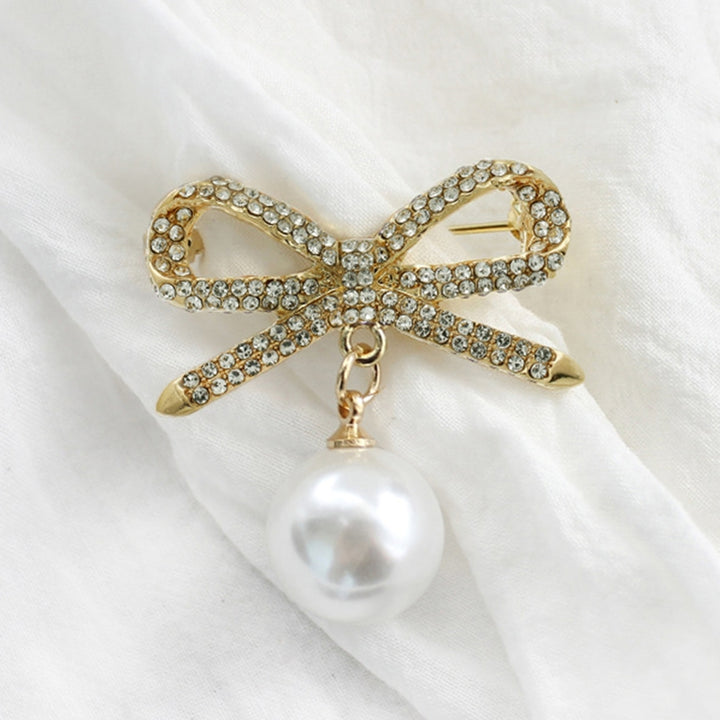 Brooch Pin Bowknot Shape Faux Pearl Dangle Exquisite Jewelry Accessory Rhinestones Inlaid Collar Badge for Backpack Image 6