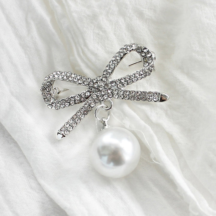 Brooch Pin Bowknot Shape Faux Pearl Dangle Exquisite Jewelry Accessory Rhinestones Inlaid Collar Badge for Backpack Image 7