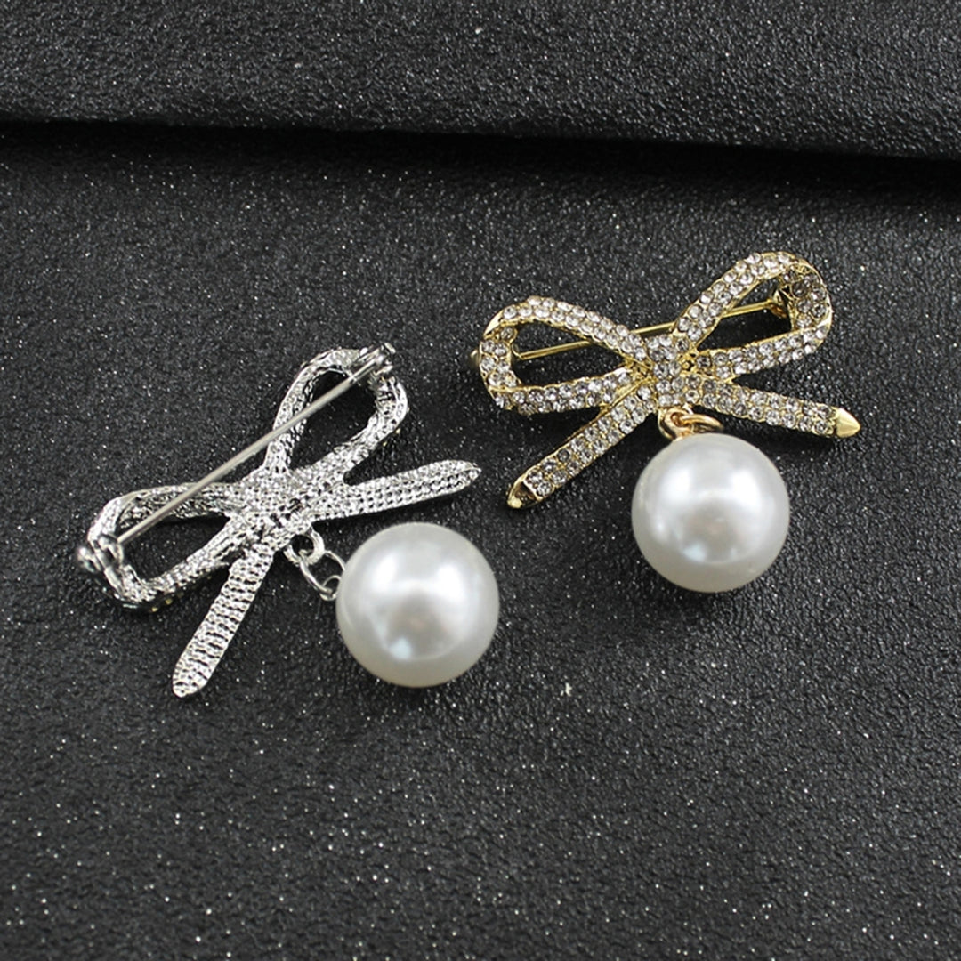 Brooch Pin Bowknot Shape Faux Pearl Dangle Exquisite Jewelry Accessory Rhinestones Inlaid Collar Badge for Backpack Image 9