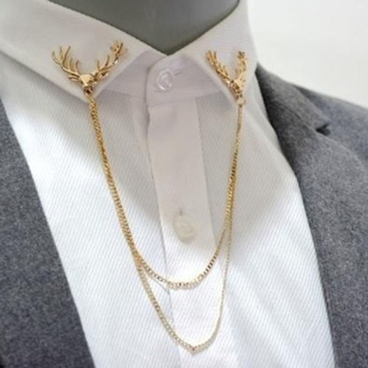 Fashion Men Women Shirt Suit Collar Deer Head Brooch Pin with Long Chain Gift Image 4