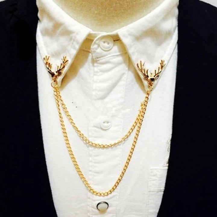 Fashion Men Women Shirt Suit Collar Deer Head Brooch Pin with Long Chain Gift Image 4