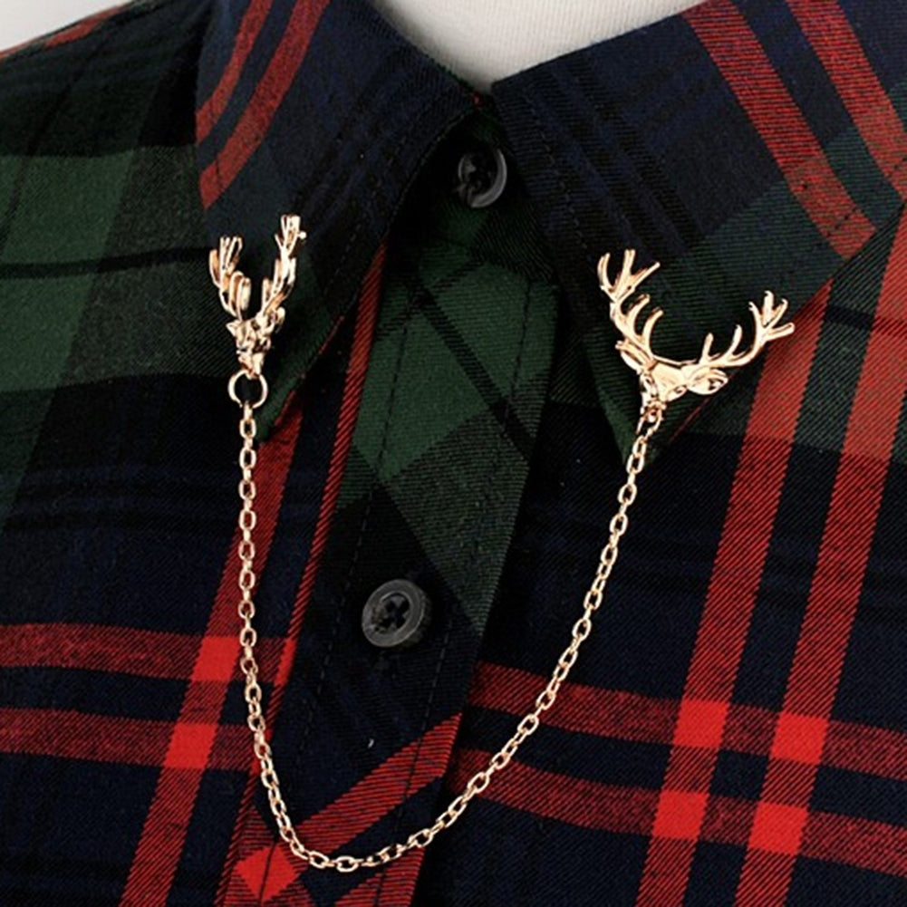 Fashion Men Women Shirt Suit Collar Deer Head Brooch Pin with Long Chain Gift Image 7