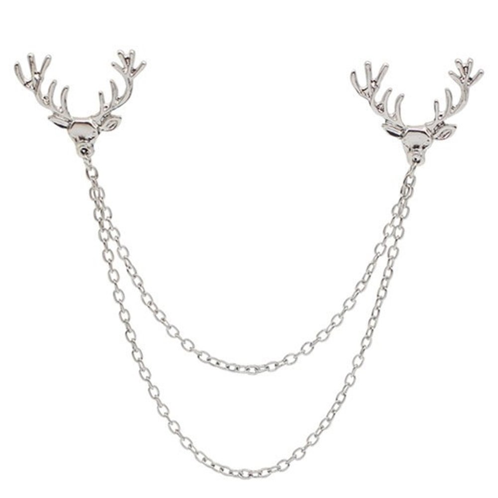 Fashion Men Women Shirt Suit Collar Deer Head Brooch Pin with Long Chain Gift Image 1