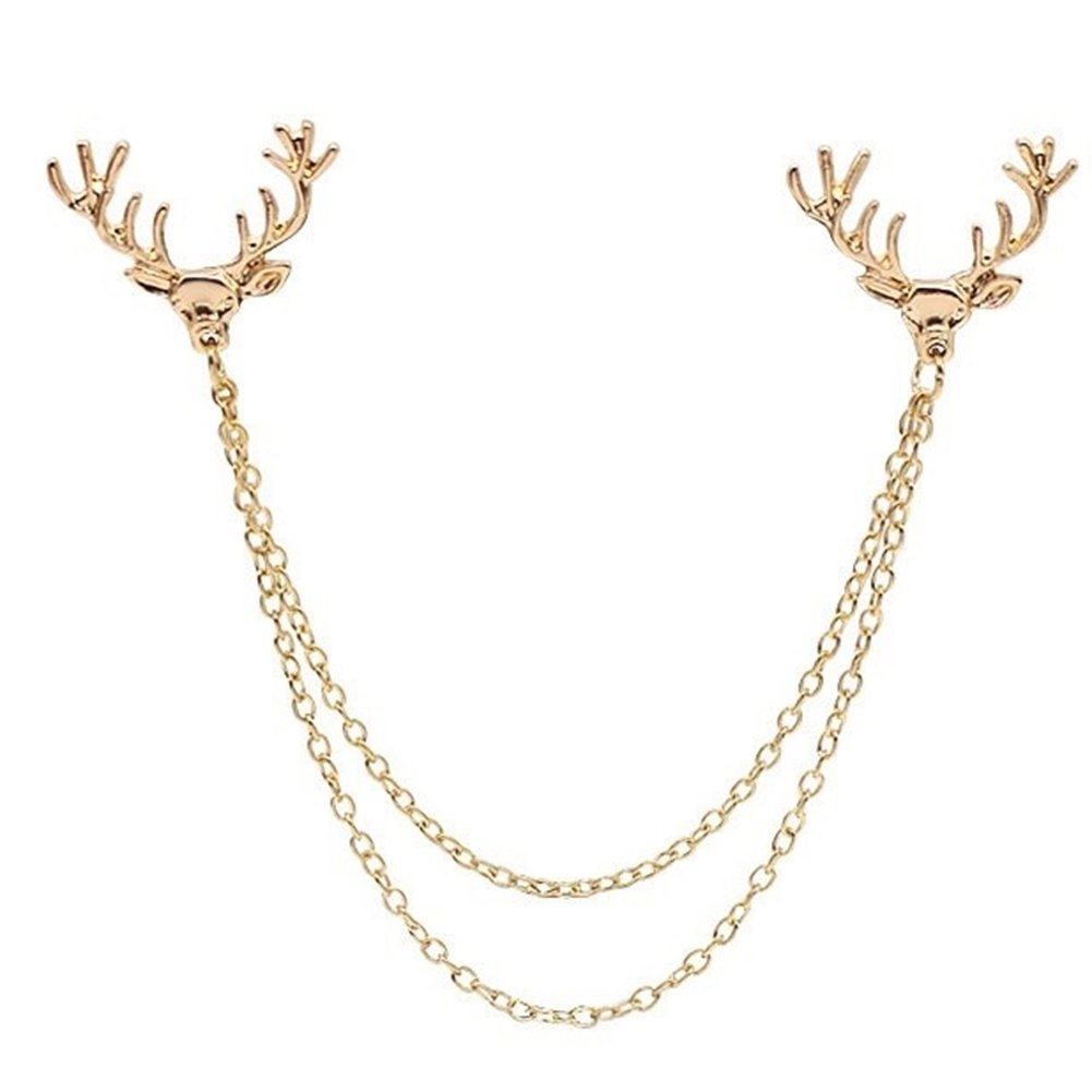 Fashion Men Women Shirt Suit Collar Deer Head Brooch Pin with Long Chain Gift Image 9