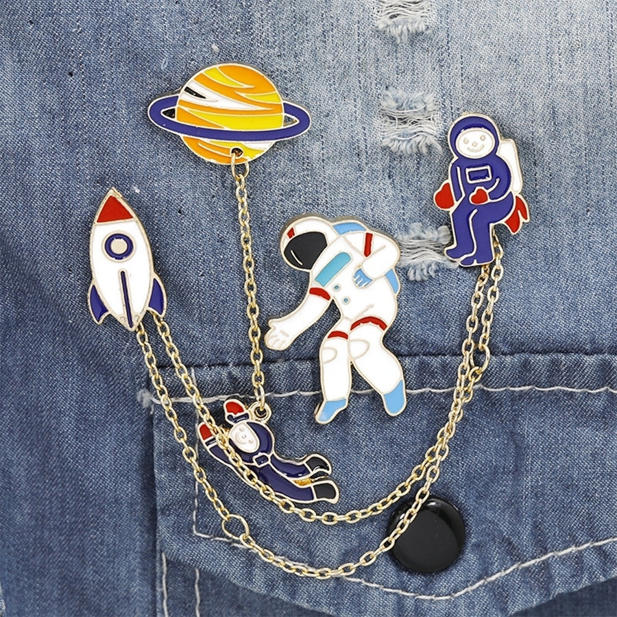 Cartoon Rocket Planet Astronaut Brooch Pin Tassel Chain Collar Lapel Jewelry Image 1