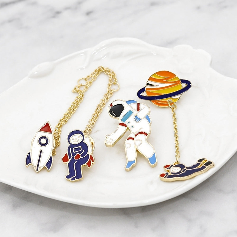 Cartoon Rocket Planet Astronaut Brooch Pin Tassel Chain Collar Lapel Jewelry Image 2