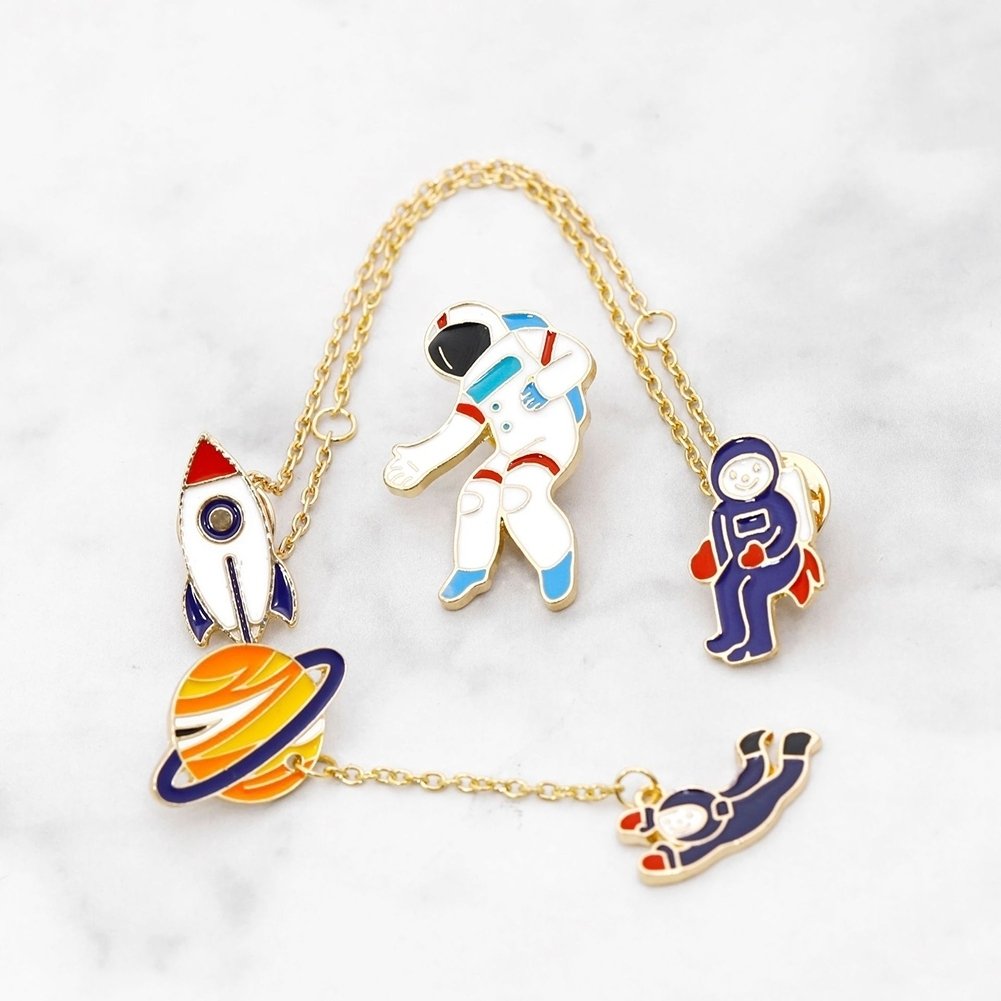 Cartoon Rocket Planet Astronaut Brooch Pin Tassel Chain Collar Lapel Jewelry Image 3