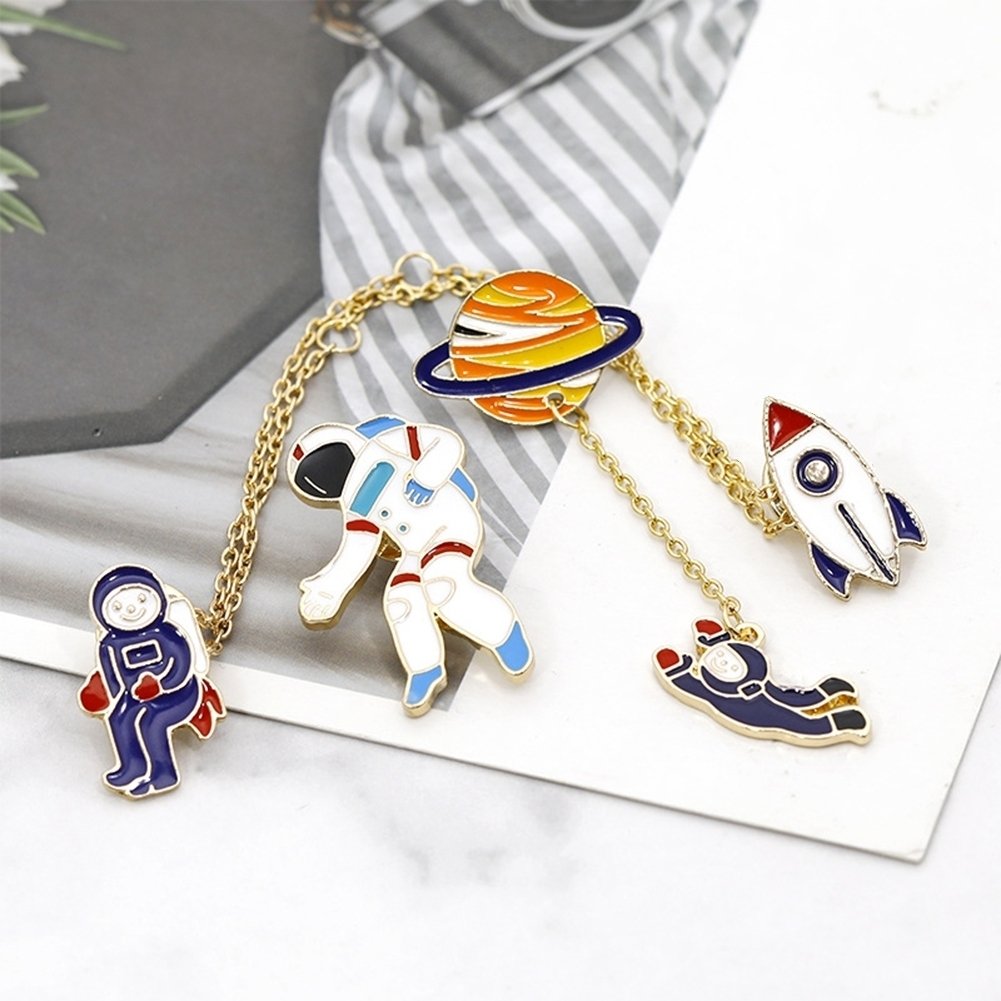 Cartoon Rocket Planet Astronaut Brooch Pin Tassel Chain Collar Lapel Jewelry Image 4