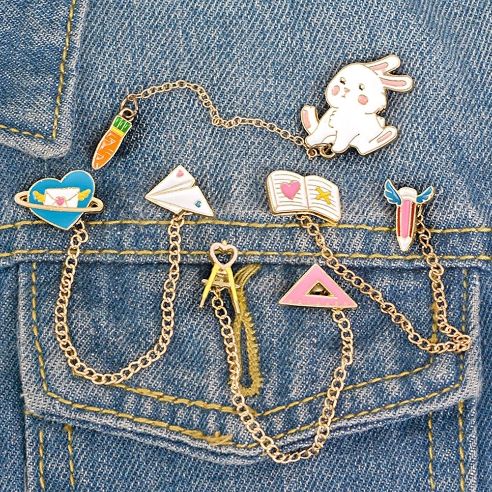 Women Cute Rabbit Carrot Heart Book Ruler Denim Jacket Collar Chain Brooch Pin Image 1