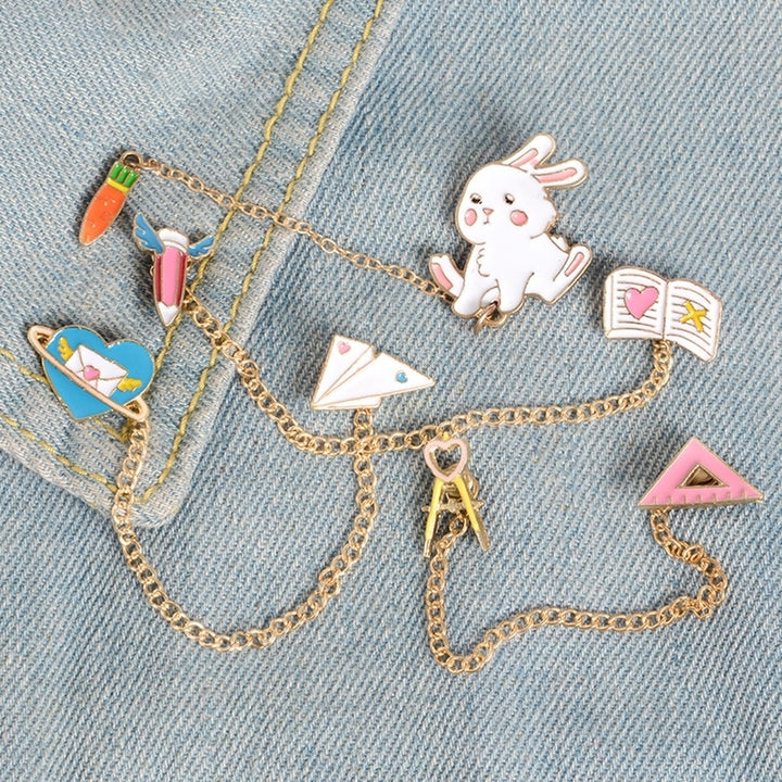 Women Cute Rabbit Carrot Heart Book Ruler Denim Jacket Collar Chain Brooch Pin Image 6