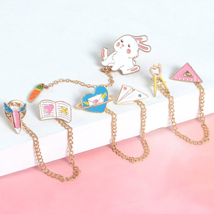 Women Cute Rabbit Carrot Heart Book Ruler Denim Jacket Collar Chain Brooch Pin Image 9