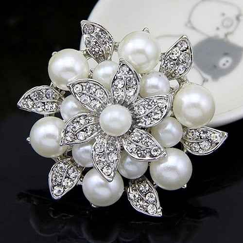 Elegant Flower Rhinestone Imitation Pearl Wedding Bridal Scarf Brooch Pin Gift Image 2