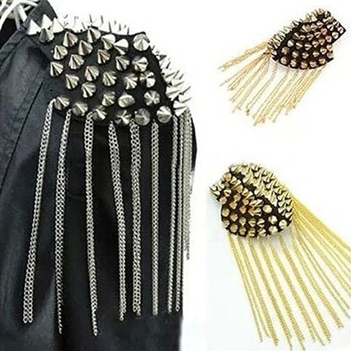 1Pc Punk Gothic Rivet Spike Epaulet Shoulder Board Mark Tassel Brooch Jewelry Image 1