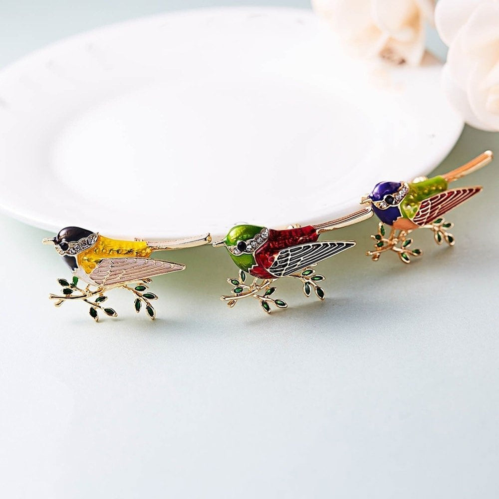 Fashion Bird Branch Rhinestone Inlaid Brooch Pin Women Denim Jacket Collar Badge Image 2