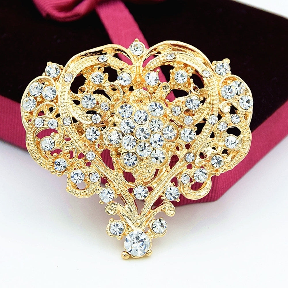 Women Fashion Hollow Rhinestone Inlaid Heart Brooch Pin Wedding Party Jewelry Image 1