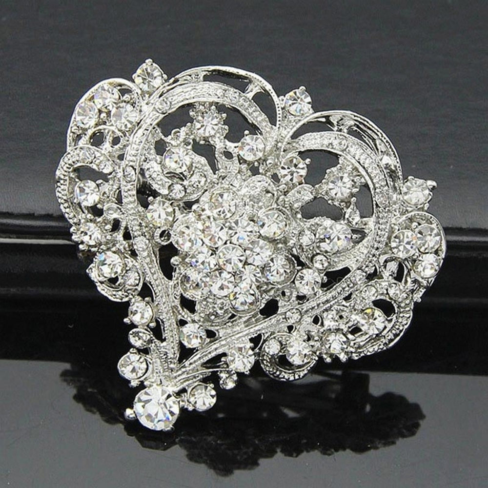 Women Fashion Hollow Rhinestone Inlaid Heart Brooch Pin Wedding Party Jewelry Image 2