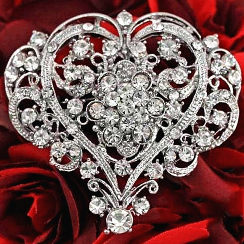 Women Fashion Hollow Rhinestone Inlaid Heart Brooch Pin Wedding Party Jewelry Image 3