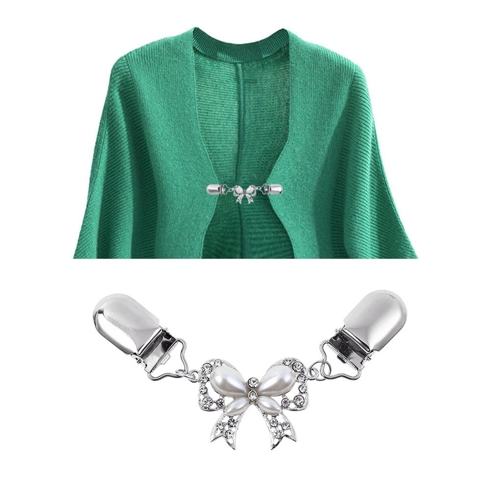 Chic Women Rhinestone Inlaid Bowknot Cardigan Collar Clip Dress Shawl Clasp Pin Image 3