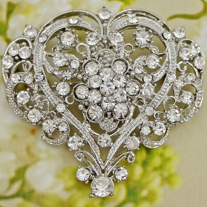 Women Fashion Hollow Rhinestone Inlaid Heart Brooch Pin Wedding Party Jewelry Image 4