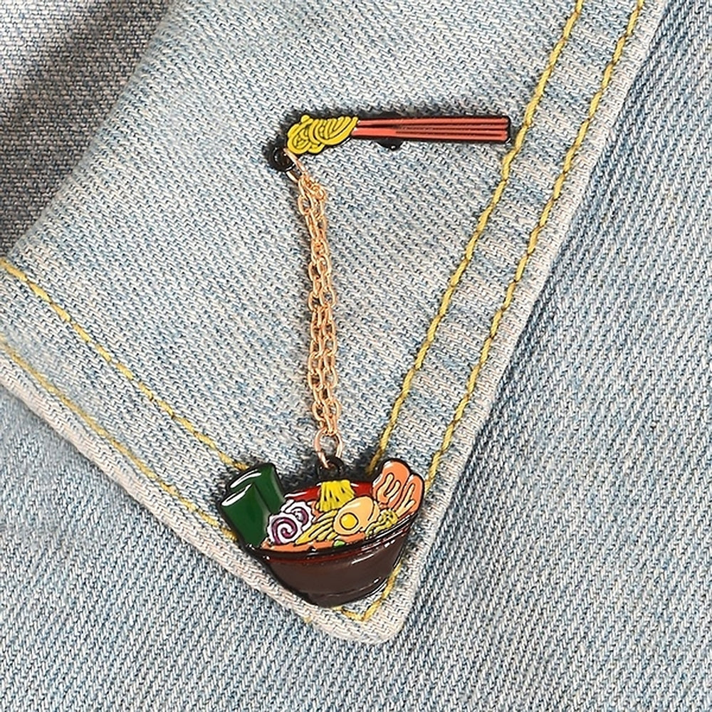 Japanese Noodles Enamel Brooch Pin with Chain Denim Jacket Collar Backpack Badge Image 2
