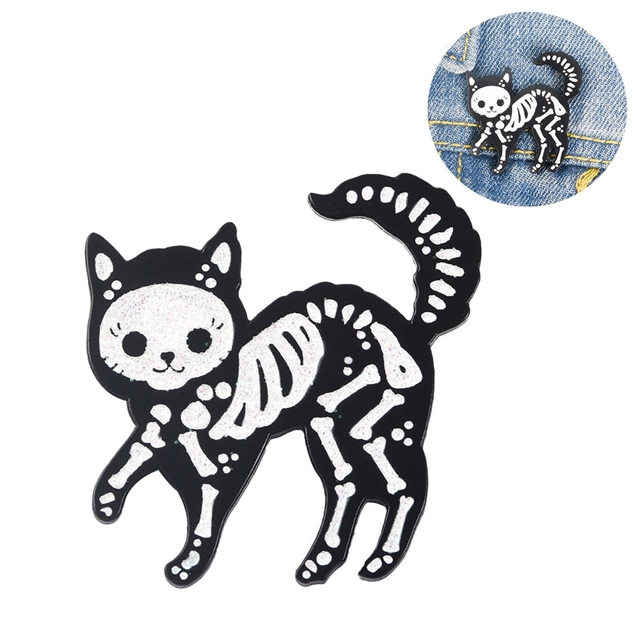 Creative Unisex Cat Skeleton Enamel Brooch Pin Badge Jeans Jacket Collar Decor Image 1