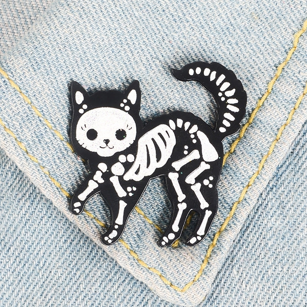 Creative Unisex Cat Skeleton Enamel Brooch Pin Badge Jeans Jacket Collar Decor Image 2