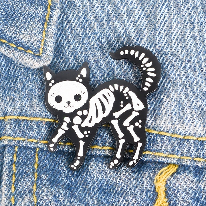 Creative Unisex Cat Skeleton Enamel Brooch Pin Badge Jeans Jacket Collar Decor Image 3