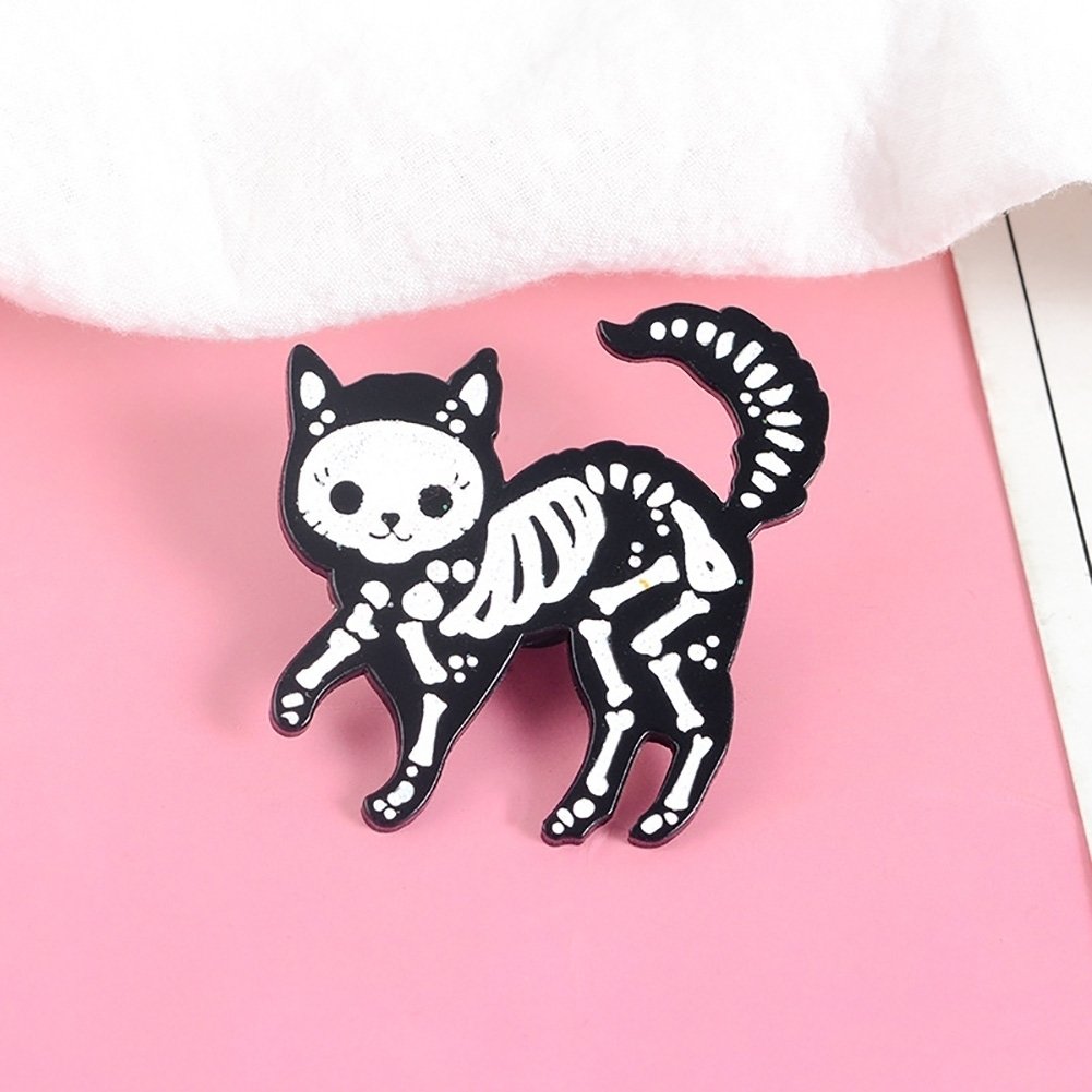 Creative Unisex Cat Skeleton Enamel Brooch Pin Badge Jeans Jacket Collar Decor Image 4